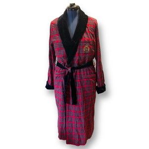 Vintage L Red Tartan Country Flannel Plaid Velvet Collar & Cuffs Bath Robe Rare